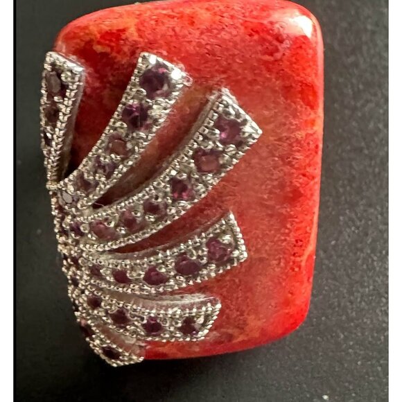 Sterling Silver & Red Coral Ring With Ruby Accents Handmade In Thailand Size 7 - Picture 3 of 6